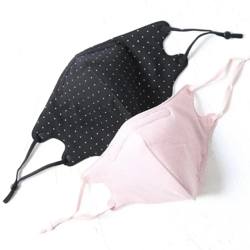 Reusable Fabric Face Mask Set of 2 : Black & Pink Polka Dot Washable Adult NEW